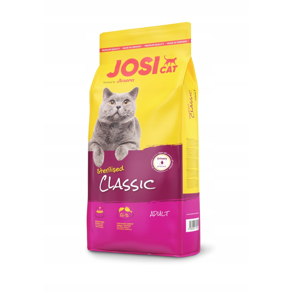 Karma dla kotów JosiCat Sterilised Classic w żółto-różowym opakowaniu z szarym kotem.
