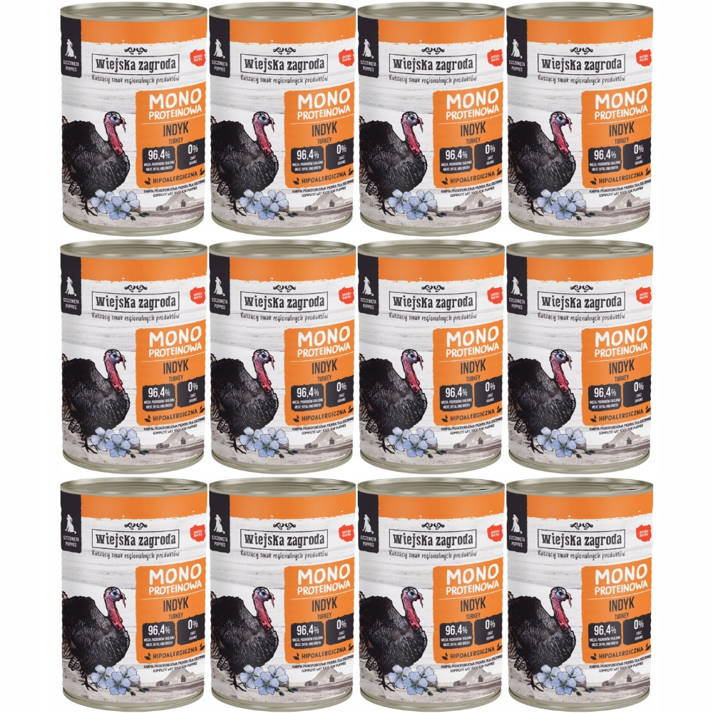 Doce latas idénticas de comida para perros con pavo dispuestas en tres filas.