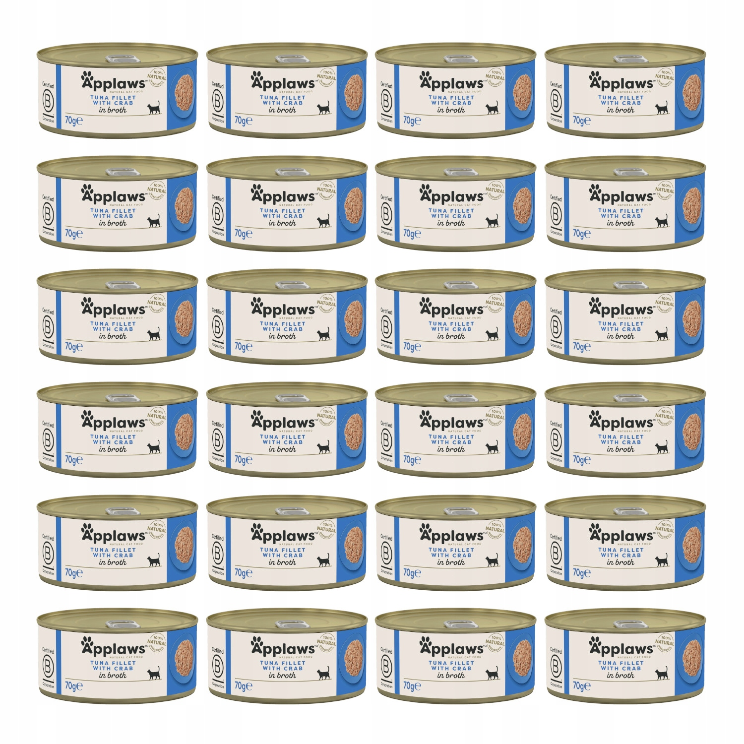 Una cuadrícula de 24 latas de comida para gatos Applaws de atún y cangrejo en caldo sobre fondo blanco.