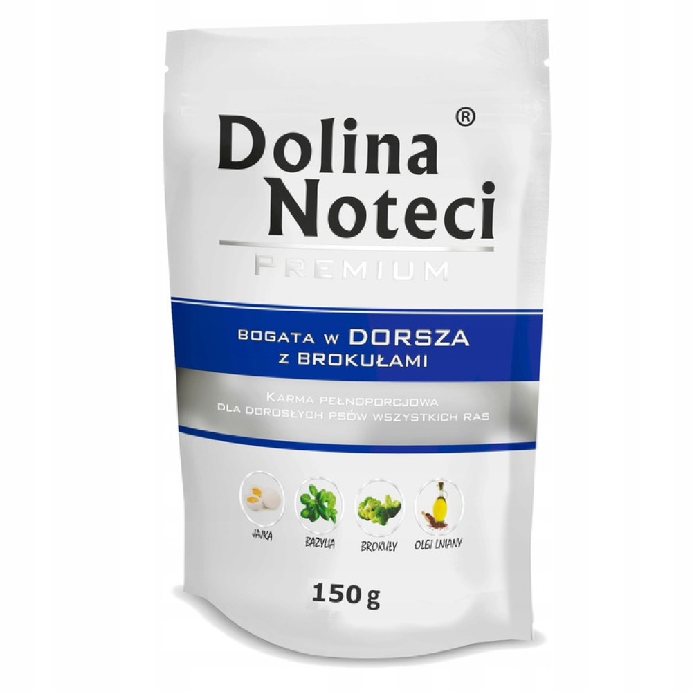 Biała saszetka z karmą dla psa Dolina Noteci Premium z dorszem i brokułami.