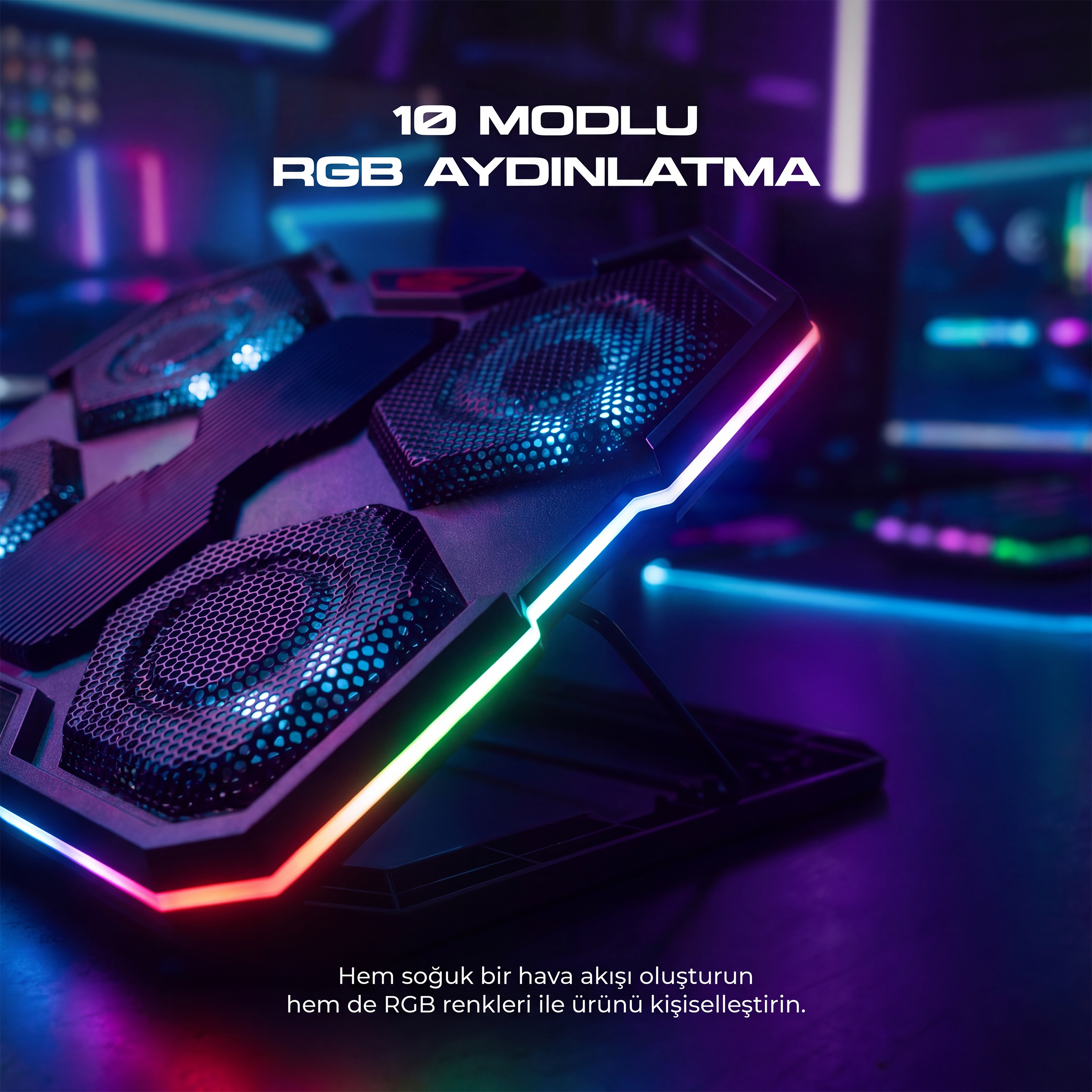 Oyun masasında RGB aydınlatmalı siyah laptop soğutucu standı.