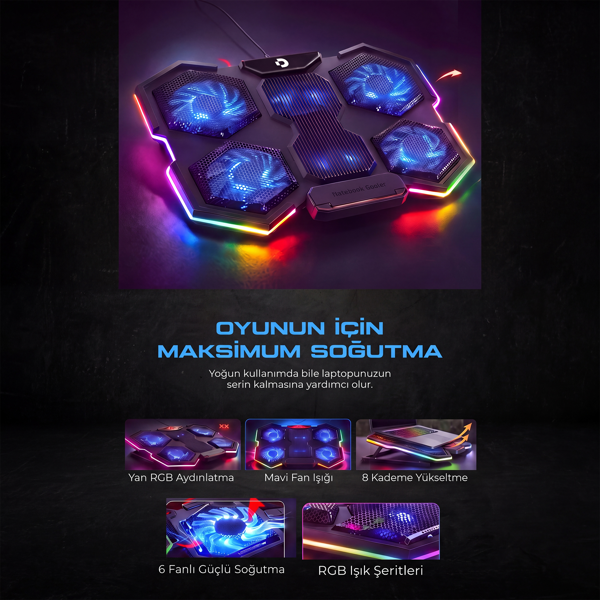 Mavi yanan fanları ve RGB aydınlatması olan siyah oyuncu laptop soğutucusu.