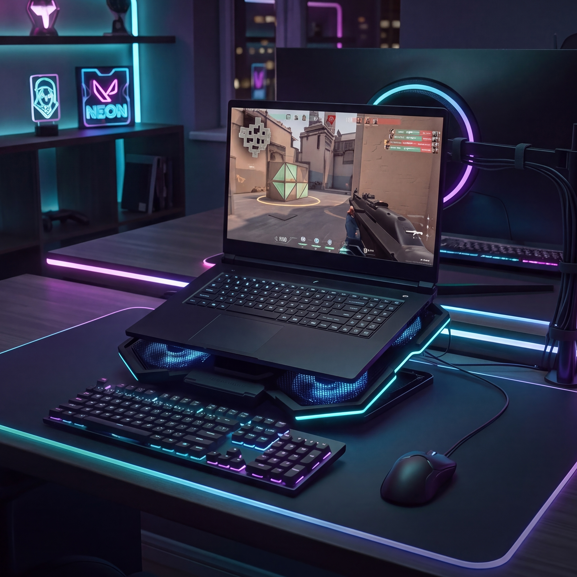 Laptop, harici klavye, fare ve neon mavi arka plan ışıkları içeren oyun kurulumu.
