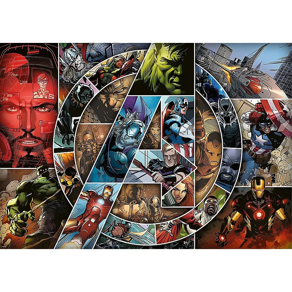 Collage von Marvel-Comic-Panels mit Avengers wie Iron Man, Hulk, Thor und Captain America in Aktion.