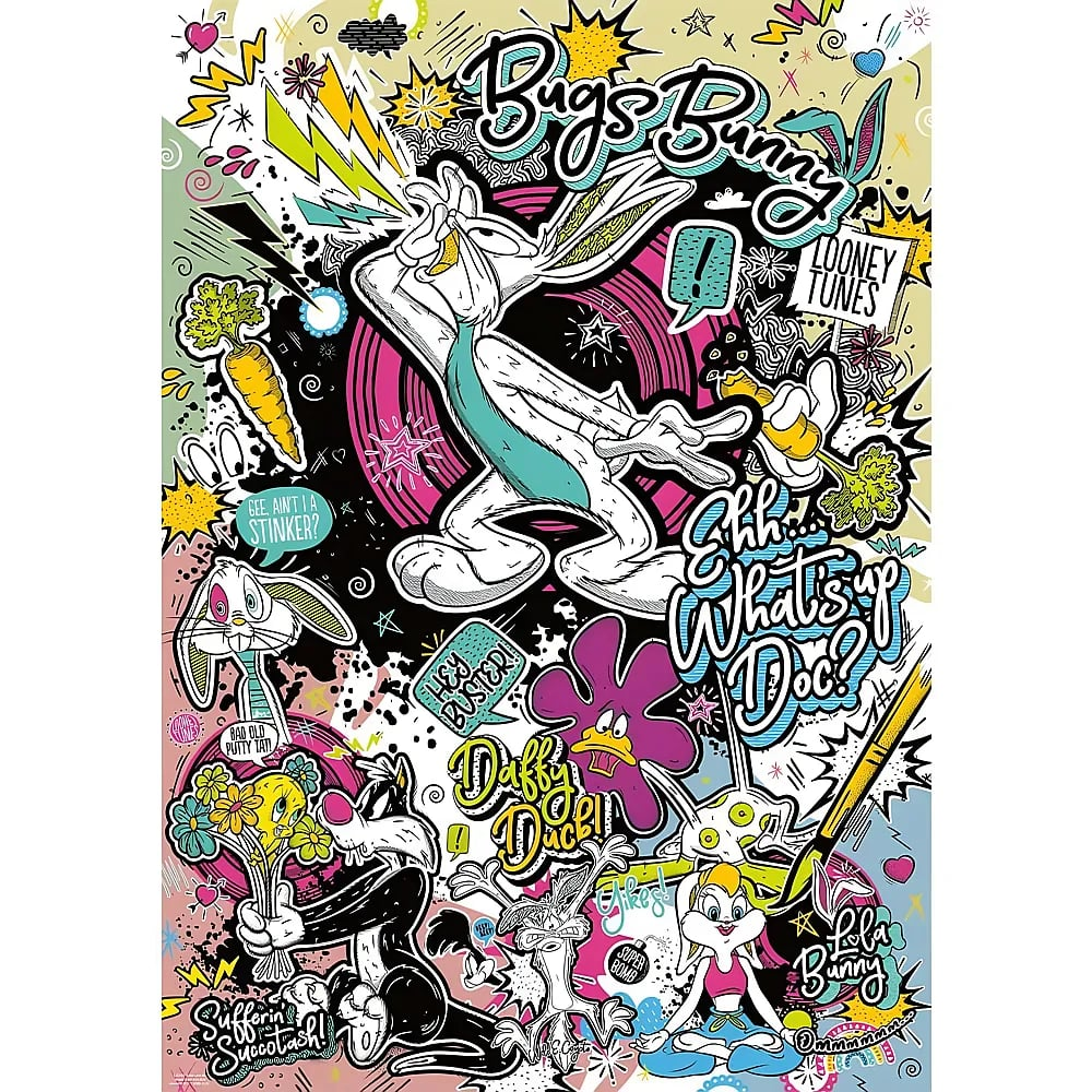 Bugs Bunny Poster mit Looney Tunes Charakteren, bunten Doodles, Zitaten und Graffiti-Kunst.