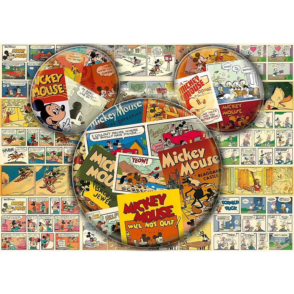 Eine Collage aus alten Mickey Mouse-Comics mit runden, aussagekräftigen Szenen im Vordergrund.