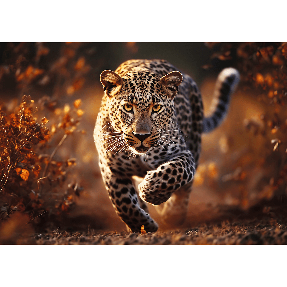 Ein Leopard rennt durch einen Wald mit unscharfem Hintergrund und goldenem Licht.