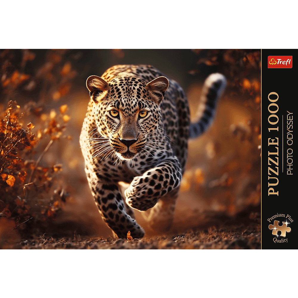 Ein Leopard rennt in einer staubigen, sonnigen Landschaft mit Herbstlaub nach vorn.