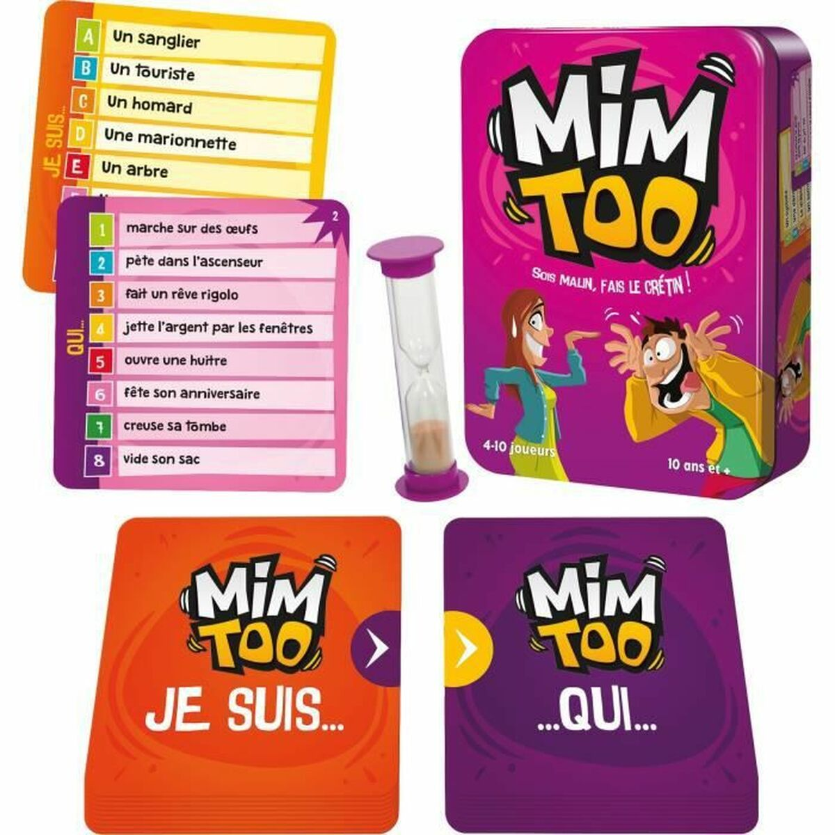Mim Too Kartenspiel mit pinker Schachtel, Sanduhr und bunten Fragekarten auf weißem Hintergrund.