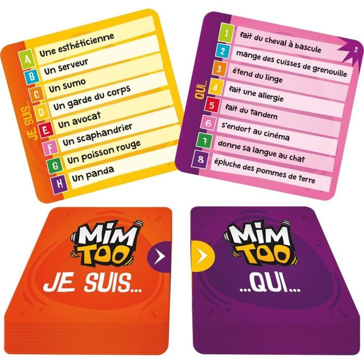 Vier bunte Mim Too-Spielkarten mit Texten und Fragekategorien auf Französisch.