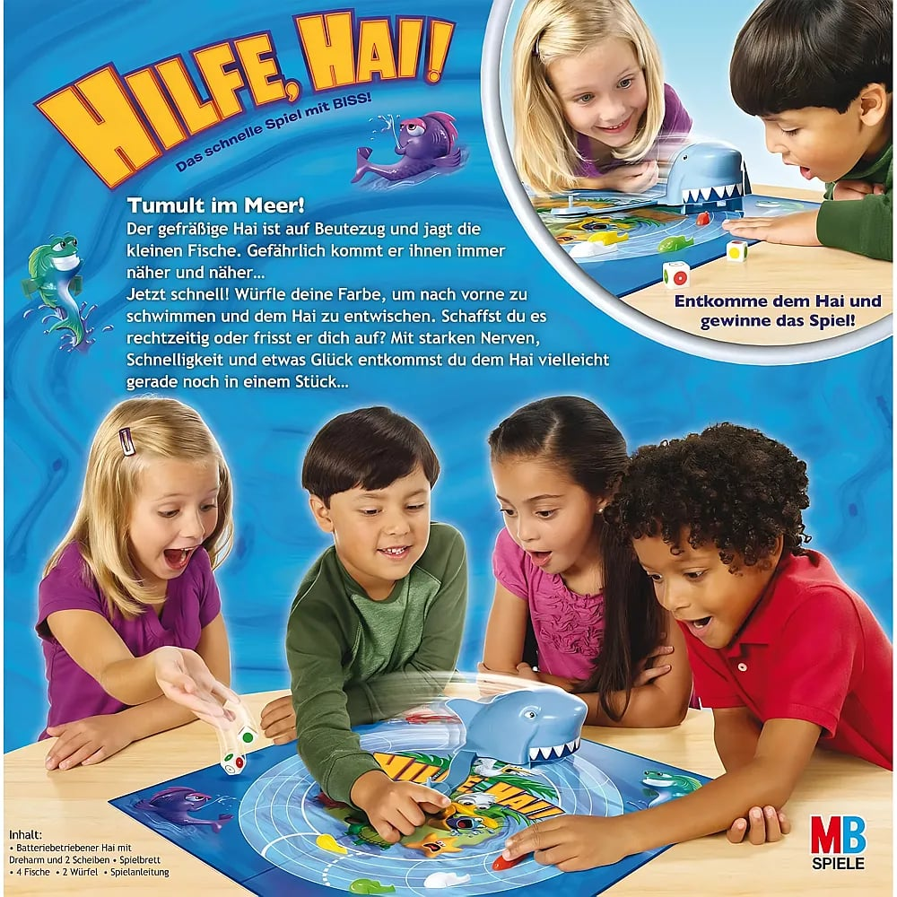 Vier Kinder spielen begeistert das Brettspiel Hilfe, Hai! mit einer blauen Hai-Figur und bunten Fischen.