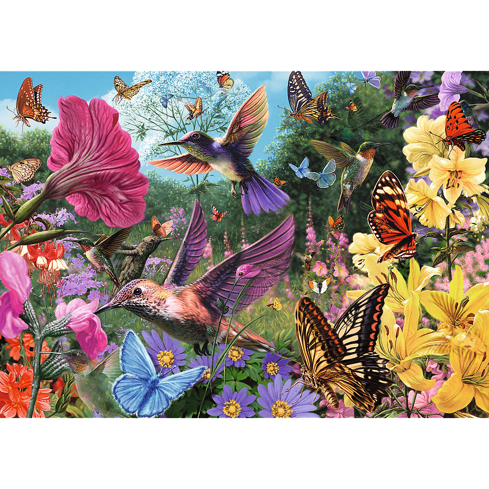 Lebendige Gartenszene mit Kolibris und Schmetterlingen zwischen rosa und gelben Blumen.