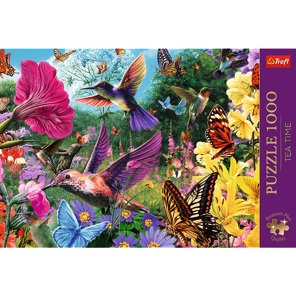 Buntes Puzzle mit Kolibris, Schmetterlingen und Blumen in einer farbenfrohen Natur.