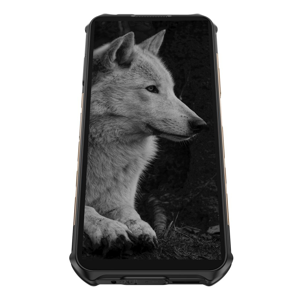 Wytrzymały smartfon wyświetlający czarno-biały obraz wilka na ekranie.