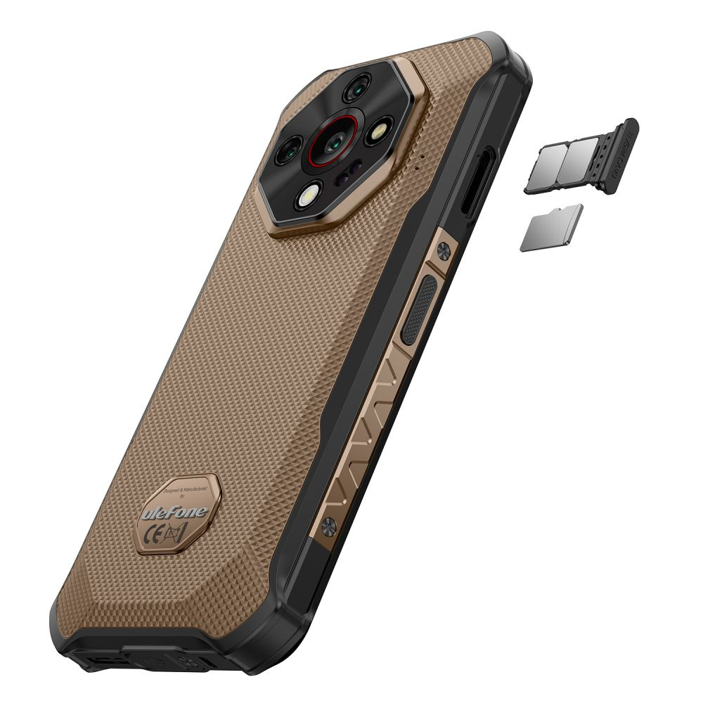 Wytrzymały brązowy smartfon Ulefone od tyłu z modułem aparatu i wysuniętą tacką na karty SIM.
