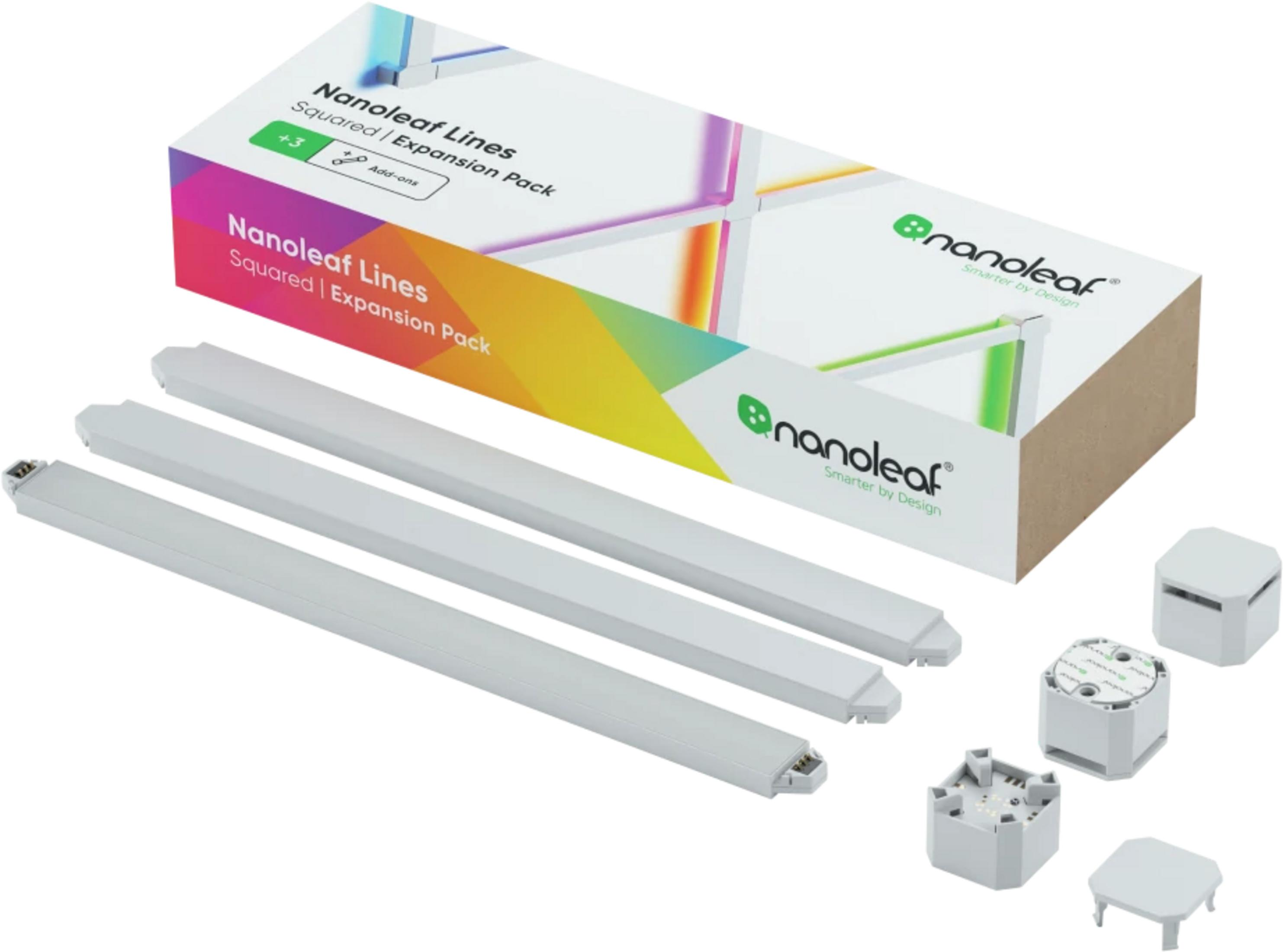 Kit di espansione Nanoleaf Lines Squared con tre barre luminose LED bianche, connettori e scatola.