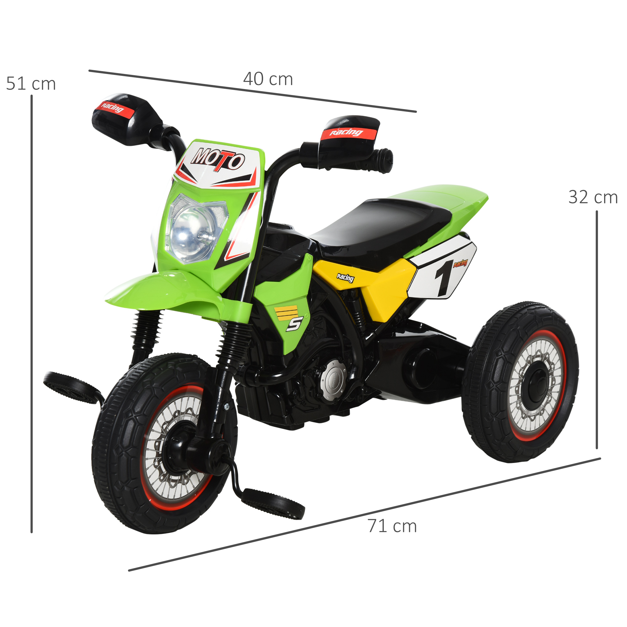 Triciclo per bambini verde, nero e giallo con pedali, faro e dimensioni indicate.