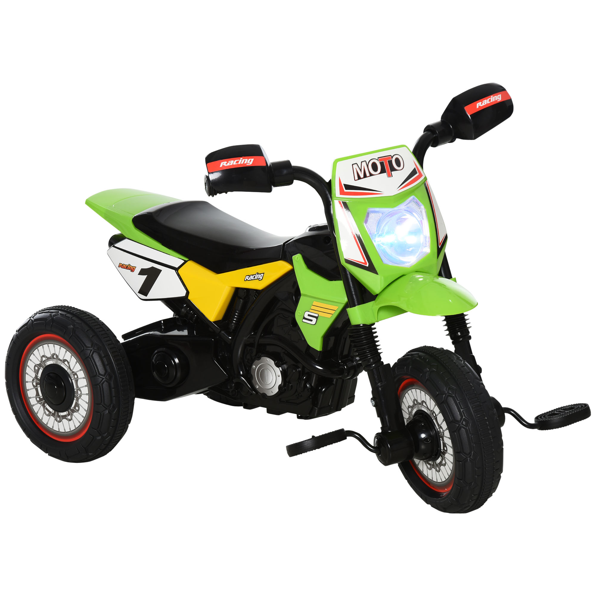 Triciclo per bambini verde con design da moto, luci, sedile nero e pedali su sfondo bianco.