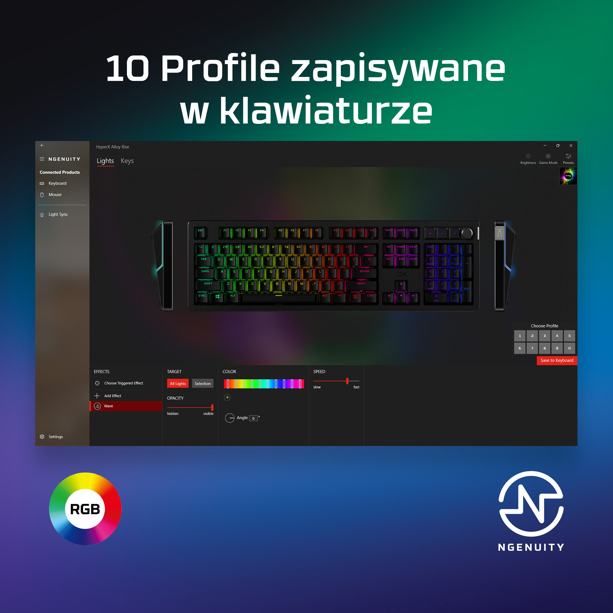 Screenshot der NGENUITY Software mit RGB Tastaturbeleuchtung und Einstellungsmöglichkeiten.