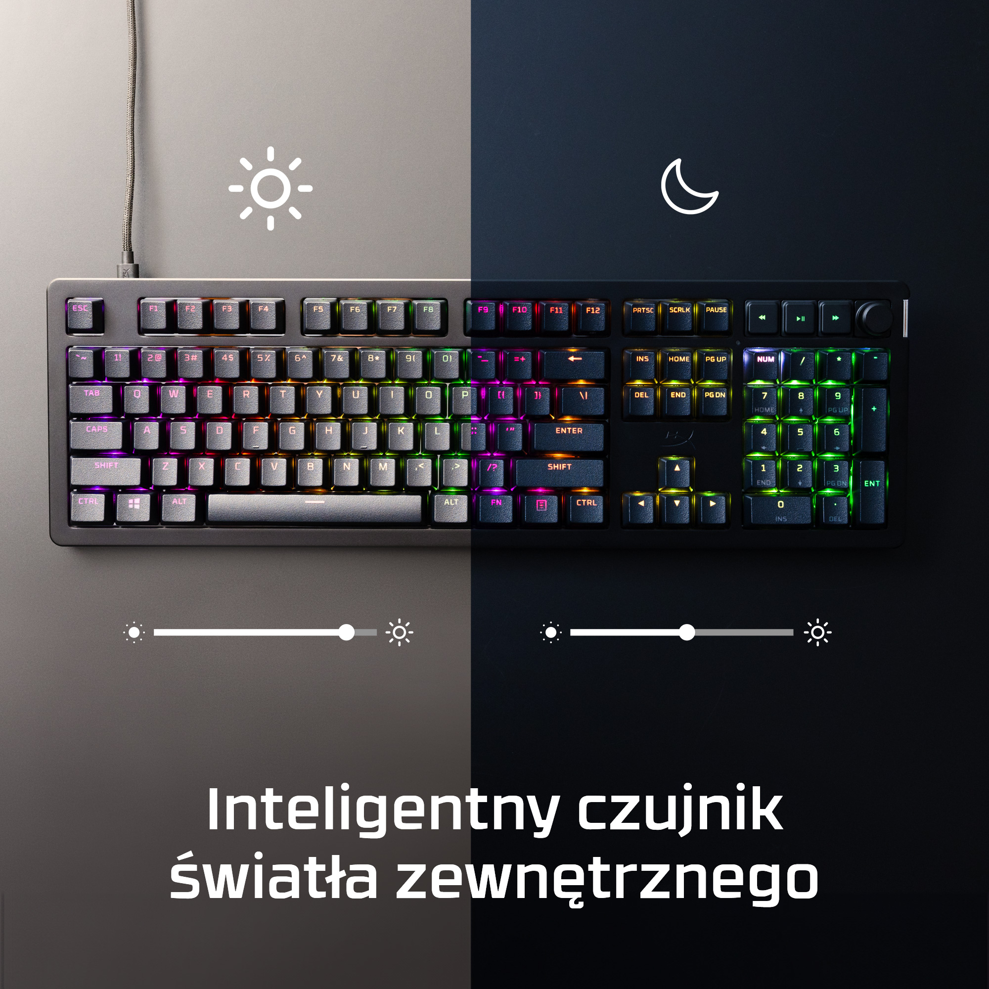 Eine mechanische Tastatur mit RGB-Beleuchtung im Vergleich zwischen hellem Tag und dunkler Nacht.