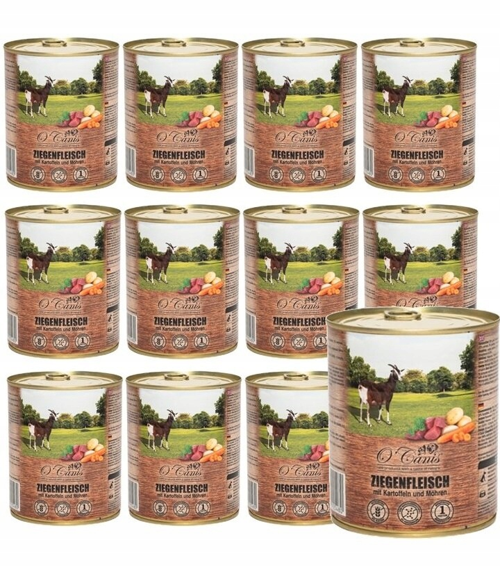 Doce latas de comida para perros con una cabra y verduras en la etiqueta.
