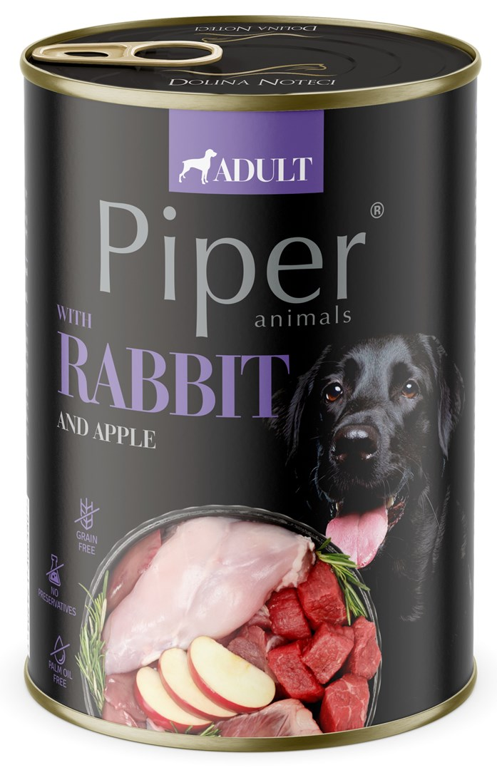 Lata negra de comida para perros Piper con conejo, manzana y perro negro.