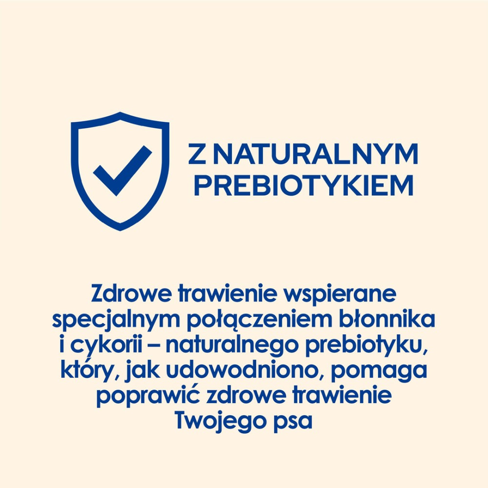 Niebieska ikona tarczy z zaznaczeniem obok polskiego tekstu o prebiotyku.