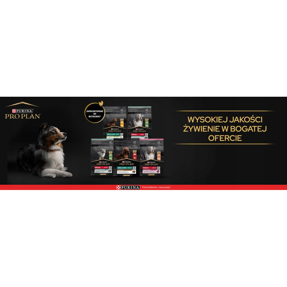 Reklama karmy dla psów Purina Pro Plan przedstawiająca owczarka australijskiego, worki z karmą i polski tekst na czarnym tle.