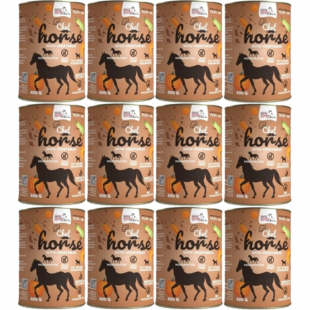 Doce latas marrones de comida para perros con un caballo negro y el texto Chef Horse dispuestas en cuadrícula.