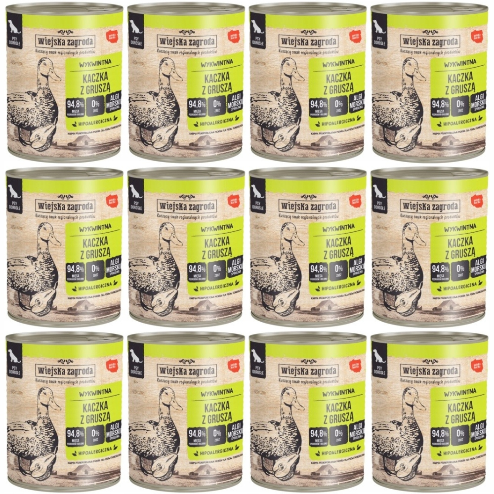 Doce latas idénticas de comida para perros Wiejska Zagroda con sabor a pato y pera, en cuadrícula.