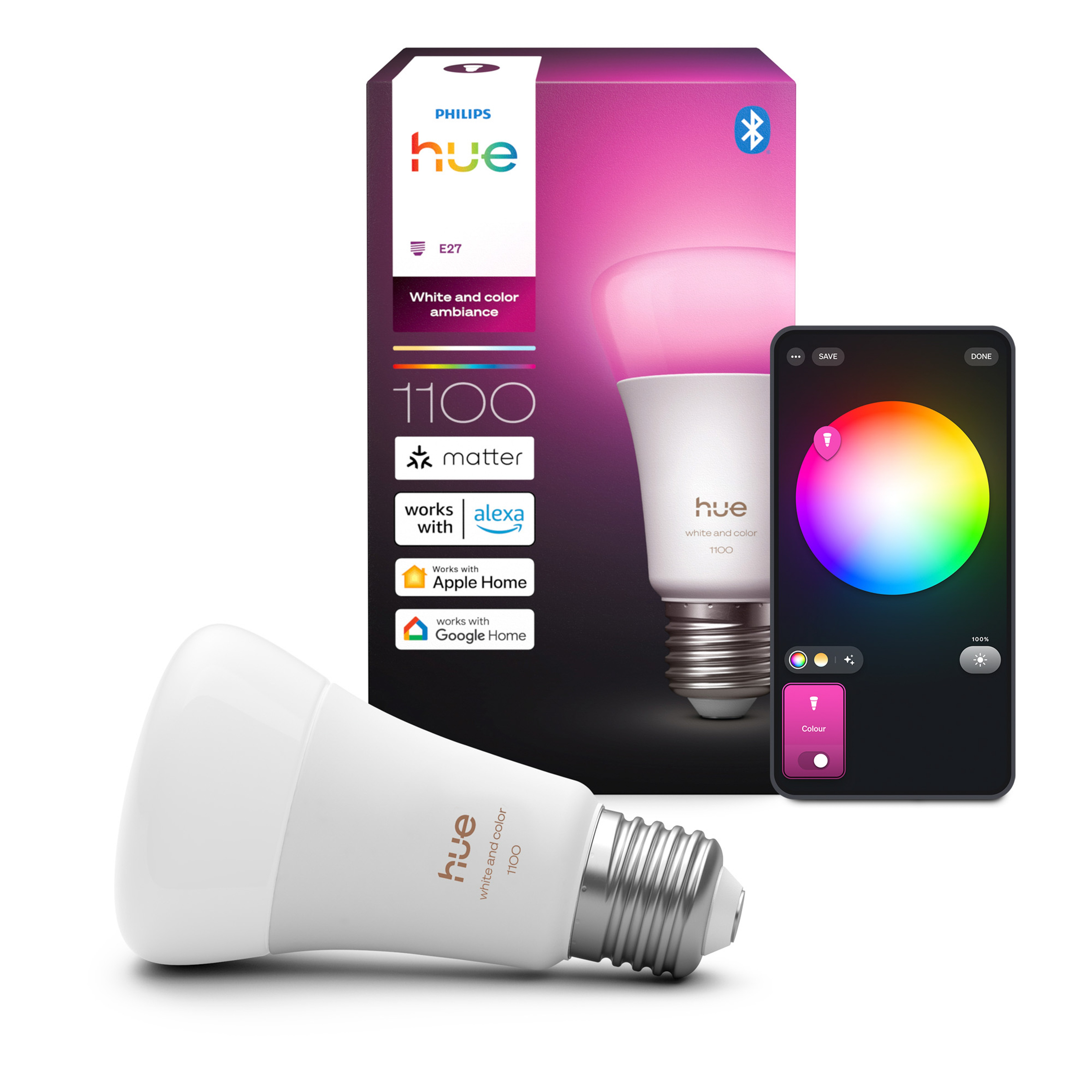 Philips Hue Smart-Glühbirne und Verpackung mit Smartphone und Farbausteuerungs-App im Hintergrund.