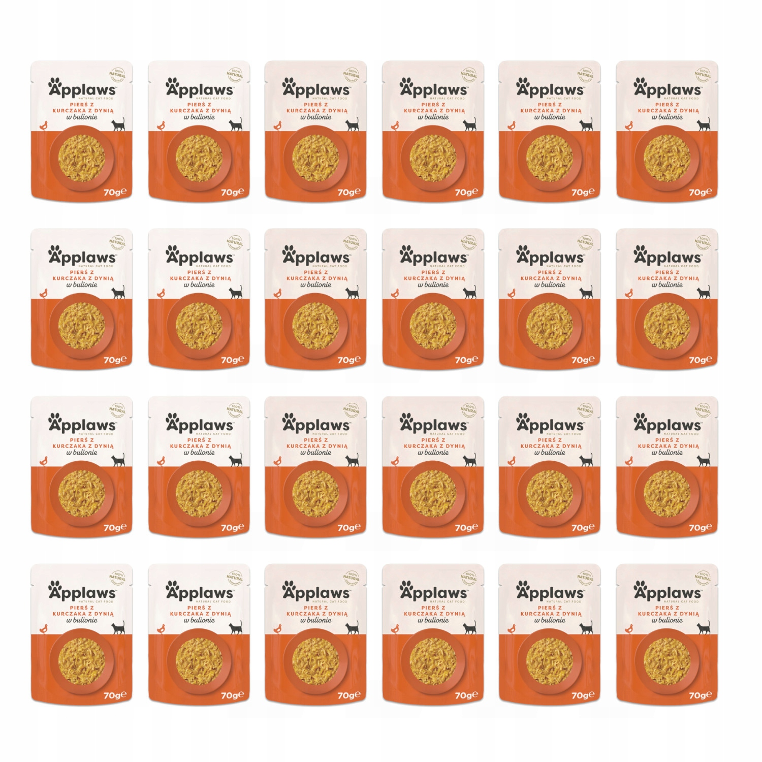 Veinticuatro sobres de comida para gatos Applaws con pollo y calabaza en caldo, dispuestos en una cuadrícula de 6x4.