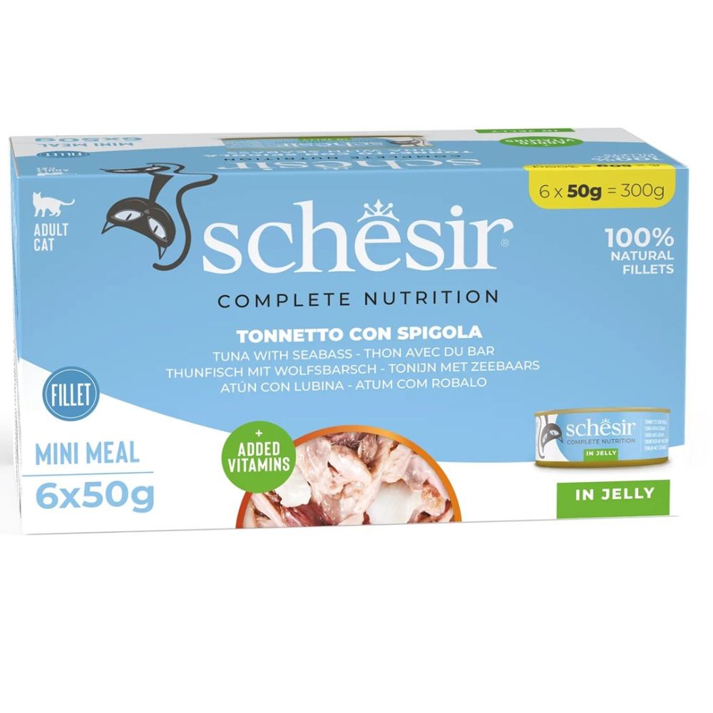 Caja azul de comida para gatos Schesir con atún y lubina.