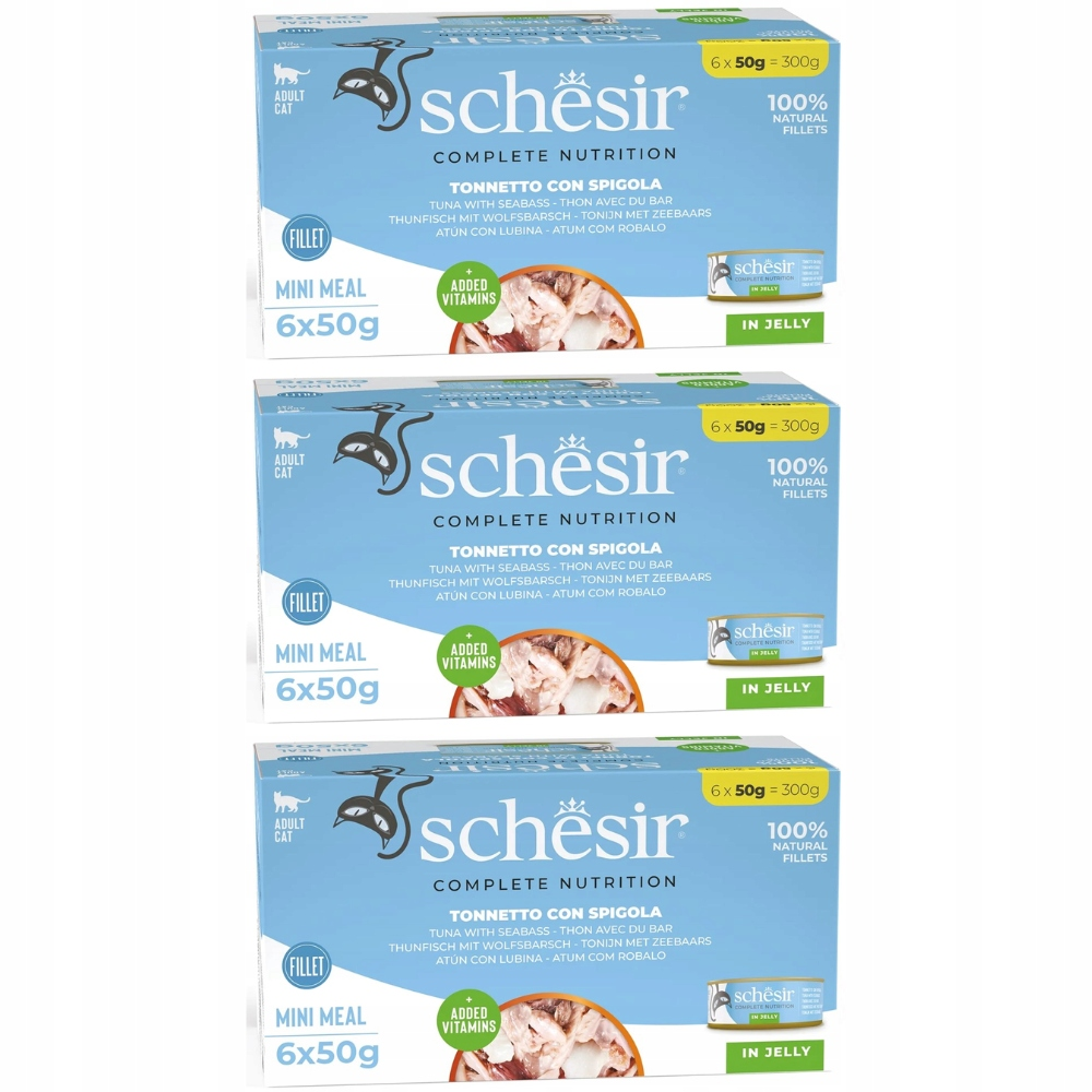 Tres cajas apiladas de comida para gatos Schesir de atún y lubina en gelatina, 6x50g.