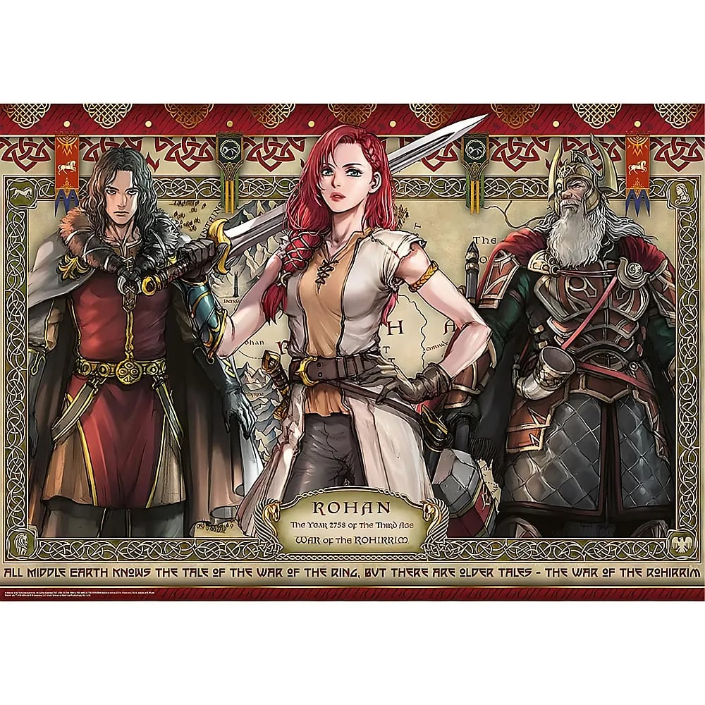 Drei Fantasy-Krieger vor einer Karte, darunter eine rothaarige Frau mit Schwert in der Mitte.
