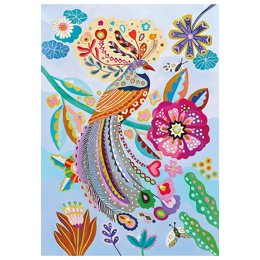 Buntes Bild eines Pfau auf einem Zweig, umgeben von Blumen und Blättern.