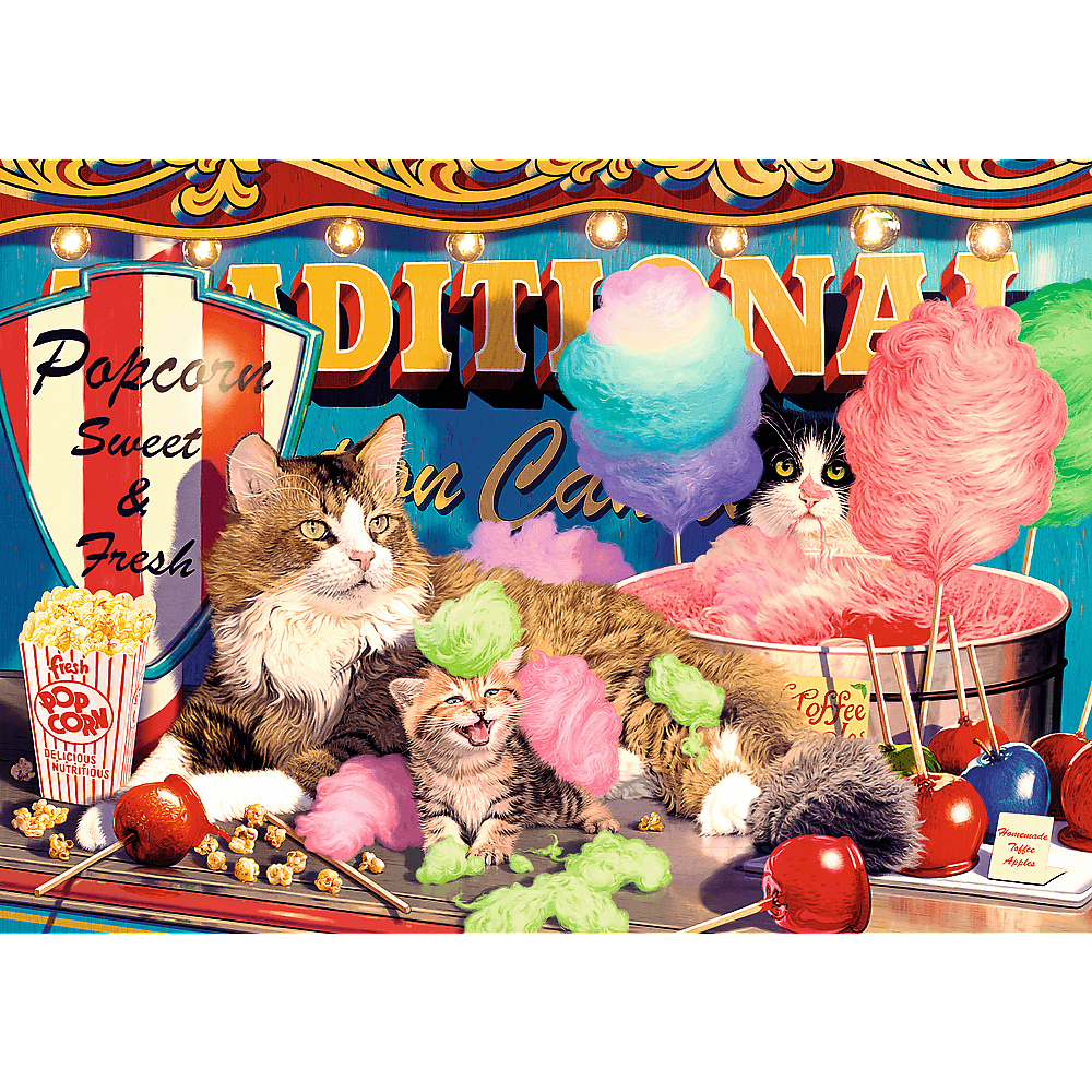 Zwei Katzen umgeben von Jahrmarktleckereien wie Zuckerwatte, Liebesapfel und Popcorn vor einem Jahrmarktschild.