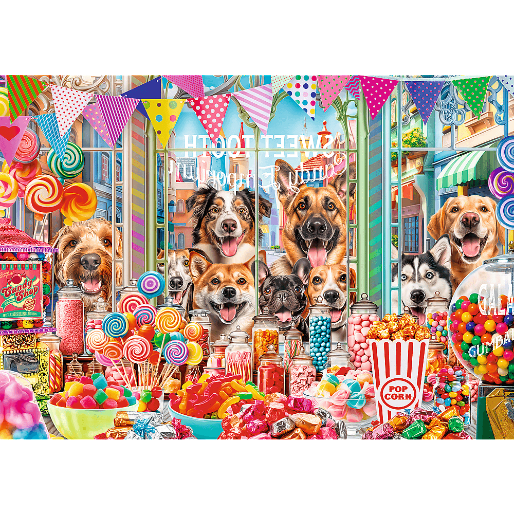 Viele glückliche Hunde schauen durch ein Süßwarengeschäft, umgeben von bunten Lollipops und Süßigkeiten.