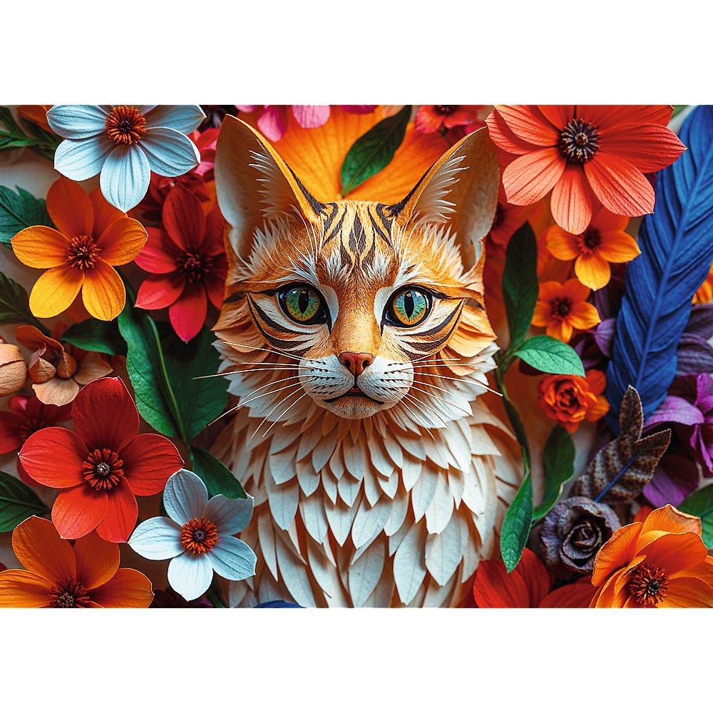 Eine stilisierte orangefarbene Tigerkatze umgeben von bunten Blumen und grünen Blättern.