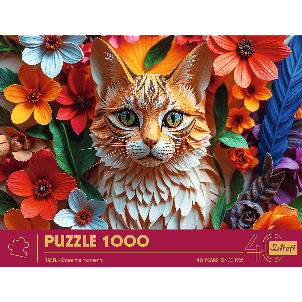 Eine stilisierte orange Katze mit grünen Augen, umgeben von bunten Blumen und Blättern.