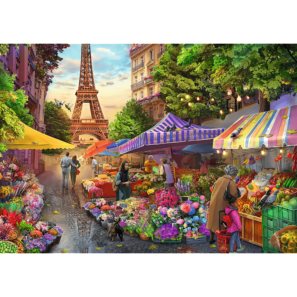 Belebter Pariser Straßenmarkt vor dem Eiffelturm mit bunten Blumen- und Obstständen, Menschen und Bäumen.