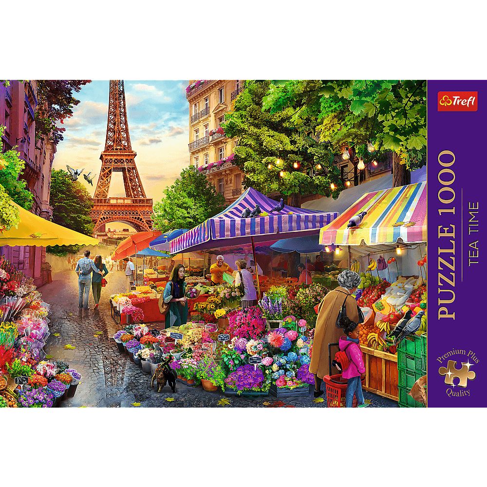 Ein geschäftiger Pariser Straßenmarkt mit bunten Blumen, Obstständen und dem Eiffelturm im Hintergrund.