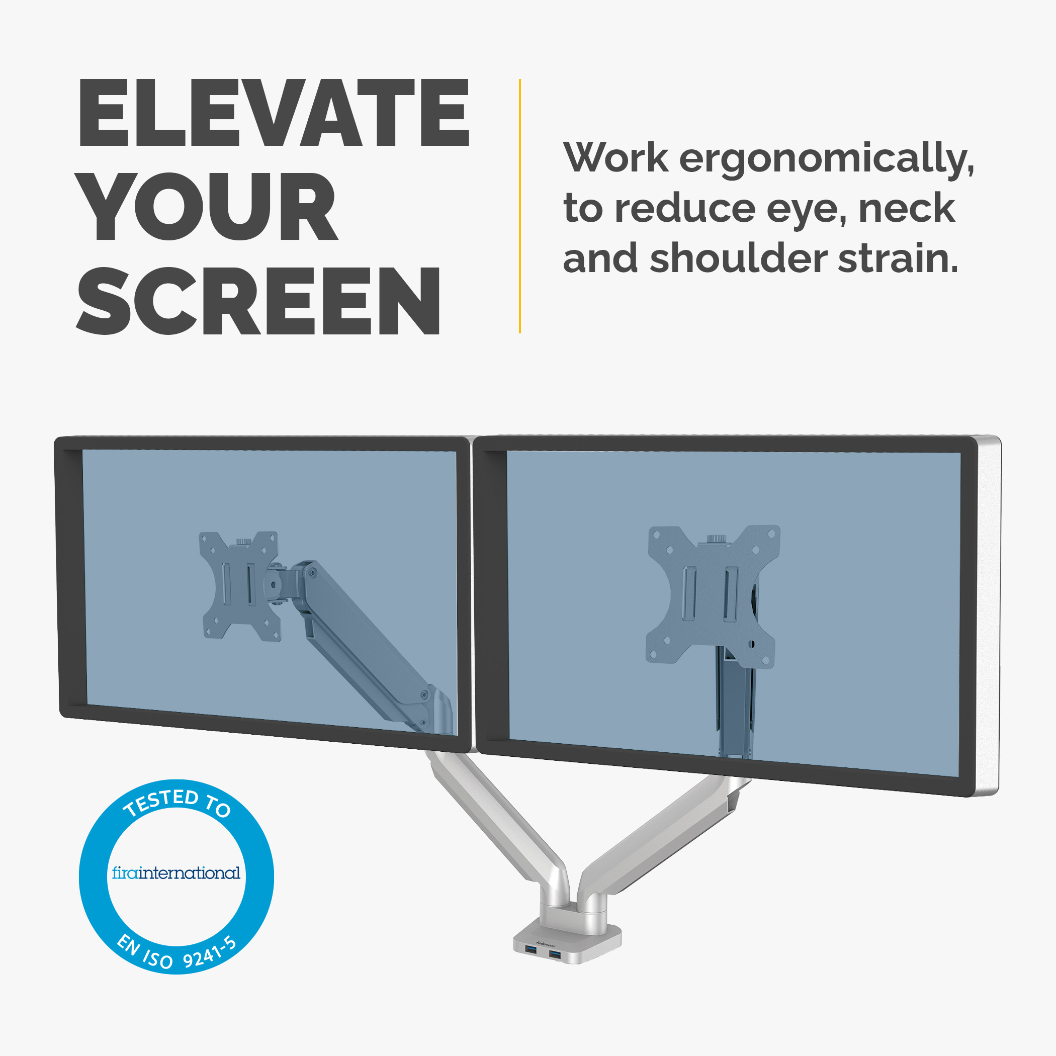 Podwójne srebrne ramię do monitora z dwoma ekranami i napisem Elevate Your Screen.