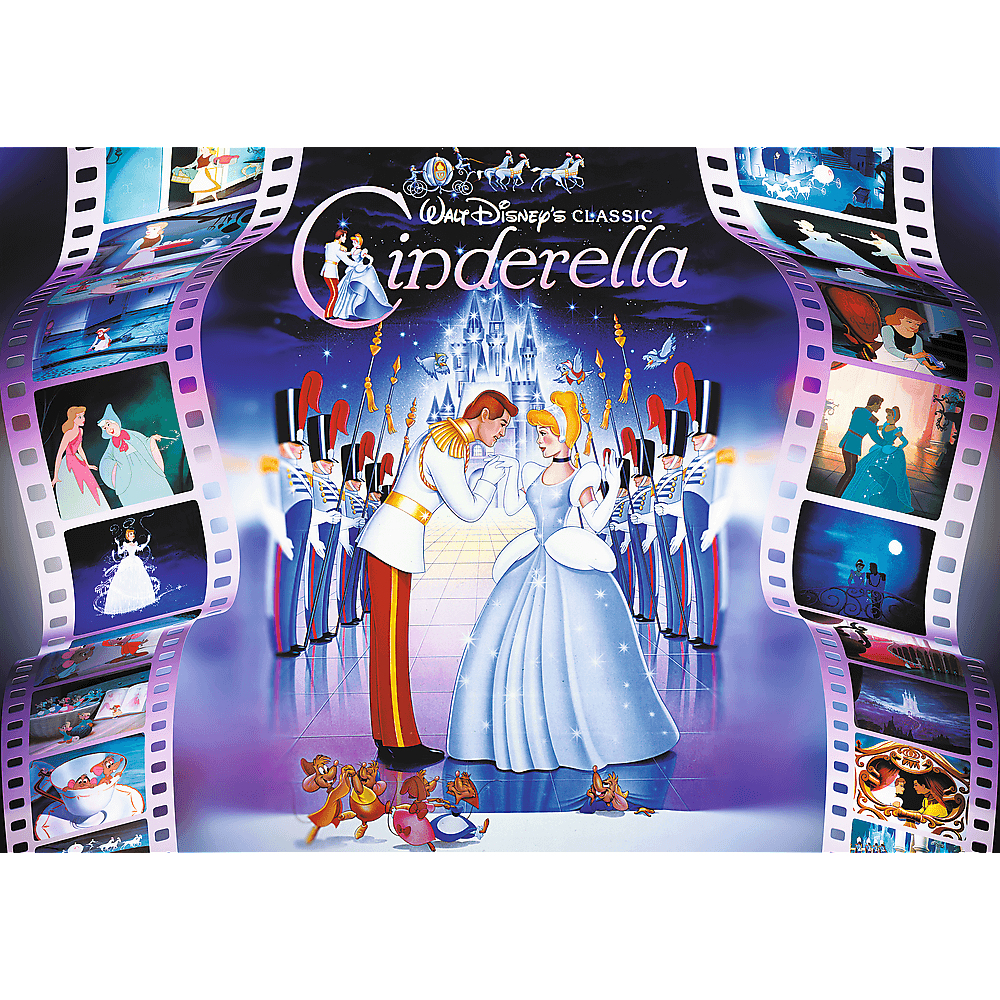 Cinderella und der Prinz tanzen, umrahmt von Filmstreifen mit Szenen aus Disneys Klassiker.