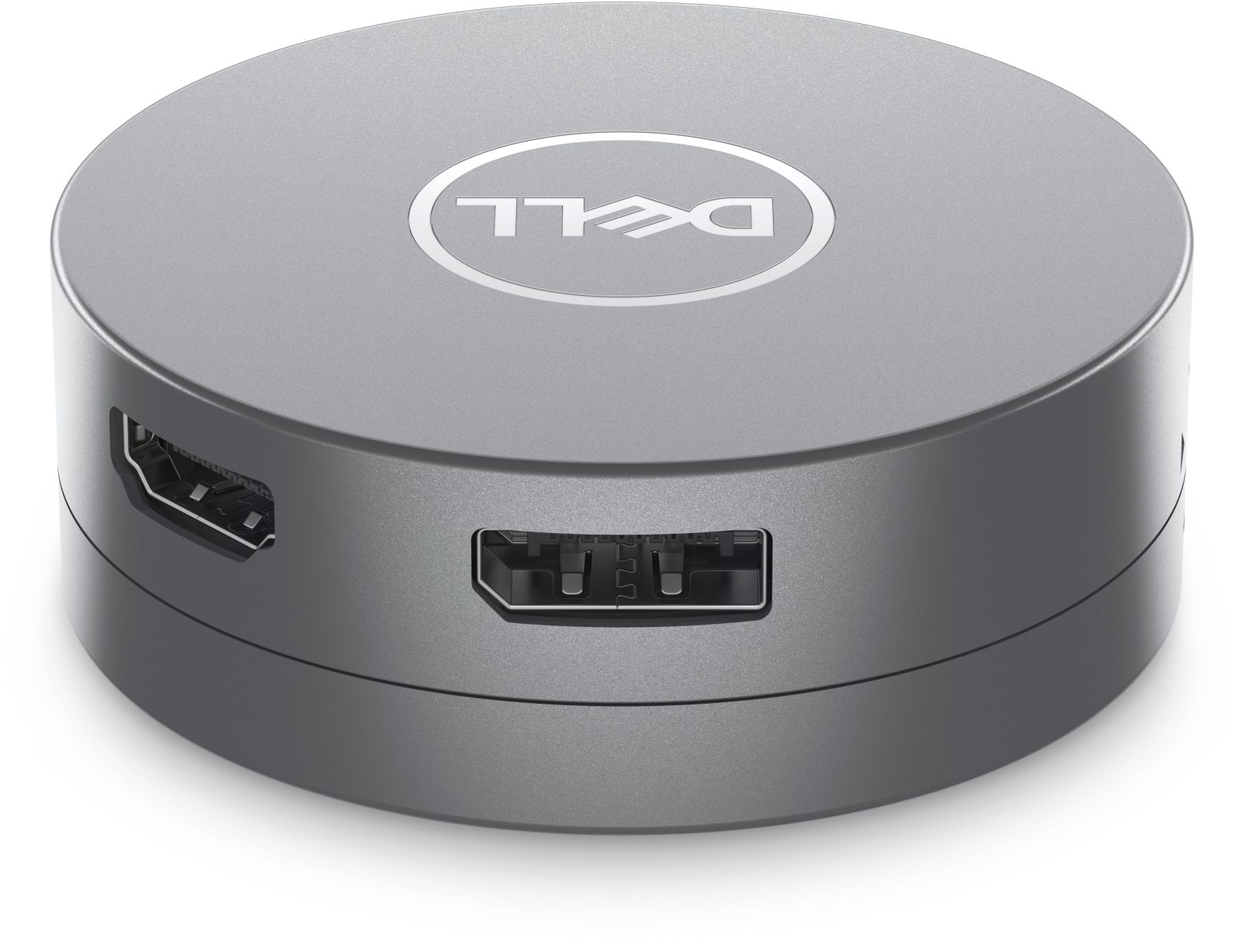 Runder, grauer Dell-Adapter mit mehreren HDMI-Anschlüssen auf einer weißen Oberfläche.