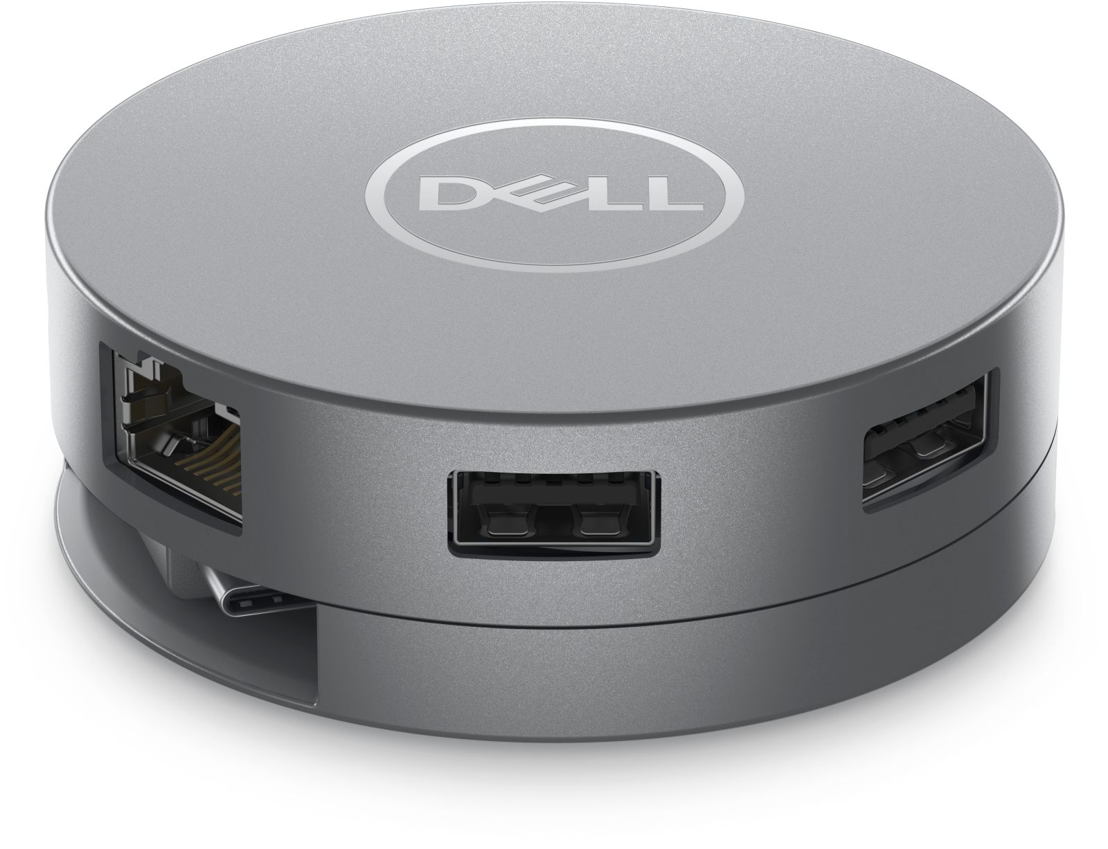 Grauer, runder Dell USB-C-Hub mit mehreren Anschlüssen und weißem Logo oben auf weißem Hintergrund.