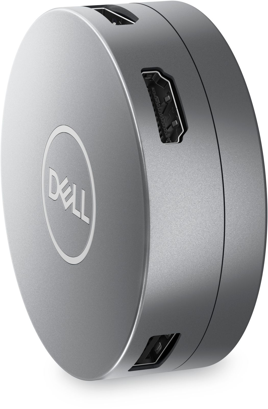 Ein runder, grauer Dell USB-C-Adapter mit sichtbaren Anschlüssen und dem Dell-Logo auf weißem Hintergrund.