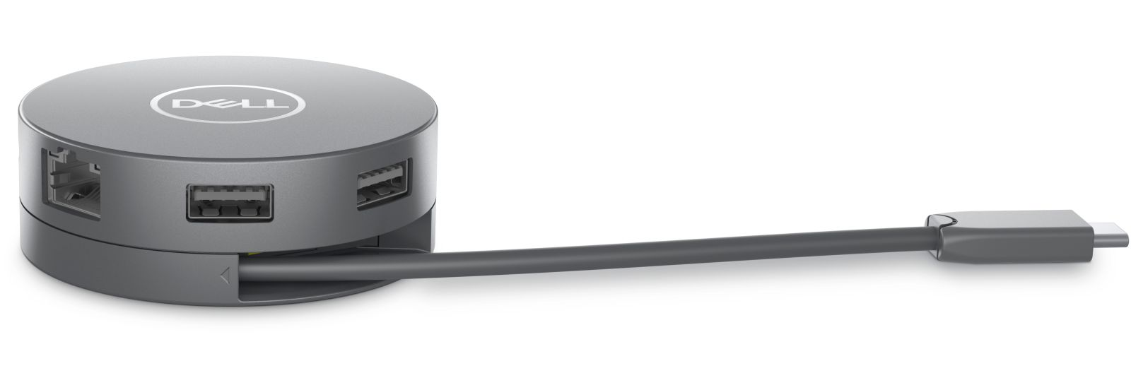 Grauer, runder Dell USB-C-Hub mit mehreren Anschlüssen und angeschlossenem Kabel auf weißem Hintergrund.