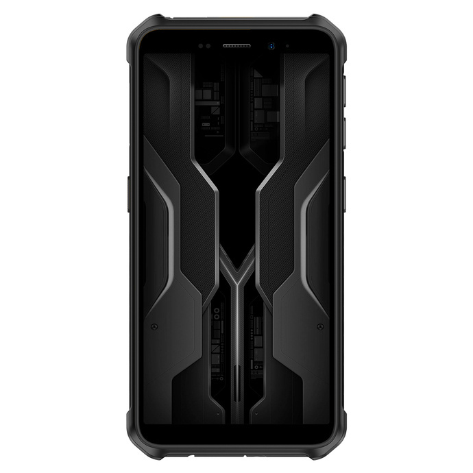 Czarny smartfon w wytrzymałym etui ochronnym o nowoczesnym designie.
