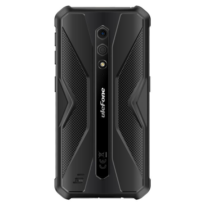 Tył wytrzymałego czarnego smartfona Ulefone z pionowym potrójnym aparatem i wzorem.